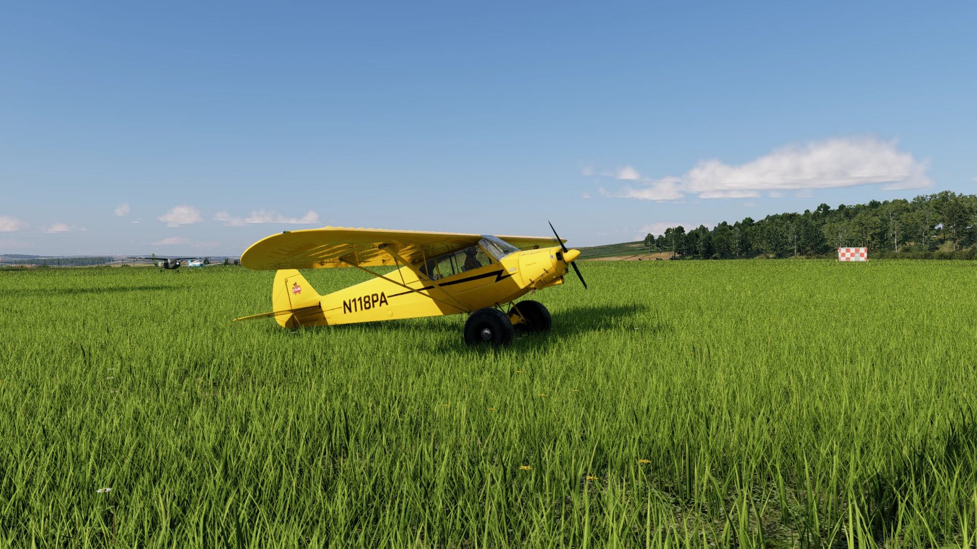 AliveGrass X-Plane 12 screenshot with a yellow aircraft in a grassy meadow
